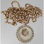 Edwardian 9ct gold half pearl picture locket on a 9ct gold guard chain. Approx weight 31 grams. (B.