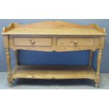 Pine tray topped side or serving table with two frieze drawers and under shelf on baluster turned