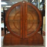 Art Deco veneered walnut bullseye cabinet with stained glass leaded doors. 124 x 130cm approx (W x