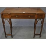 19th Century mahogany inlaid side table, the shaped top above a single drawer, standing on four ring