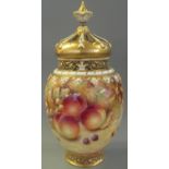 Royal Worcester 1970's porcelain crown top pot-pourri vase and reticulated cover, hand painted