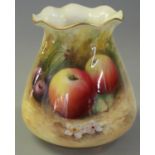 Royal Worcester porcelain vase of tapering form with frilled edge, hand painted with fruits and