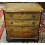 19th Century continental walnut bow front chest of four drawers on a projecting base with bracket