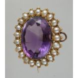 Victorian oval amethyst and pearl brooch. 29x25mm. Approx weight 7 grams. (B.P. 21% + VAT)