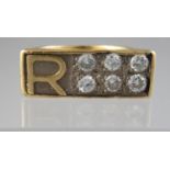 18ct gold bark effect ring set with six diamonds and the initial R. Ring size U. Approx weight 15.