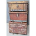 Three 19th Century leather travelling trunks to include; two similar with painted details of owner