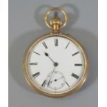 18ct gold key less open faced gentleman's pocket watch with Roman enamel face having seconds dial,