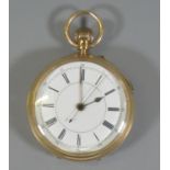 18ct gold open faced key less gentleman's pocket watch with sweep seconds hand, white enamel Roman