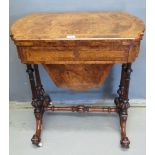 Victorian inlaid burr walnut sewing and games table, the hinged lid revealing backgammon, chess