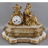 19th Century French gilt spelter and alabaster figural two train mantel clock, the drum shaped clock