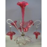 Victorian cranberry and clear glass seven section centre table epergne. (B.P. 21% + VAT)