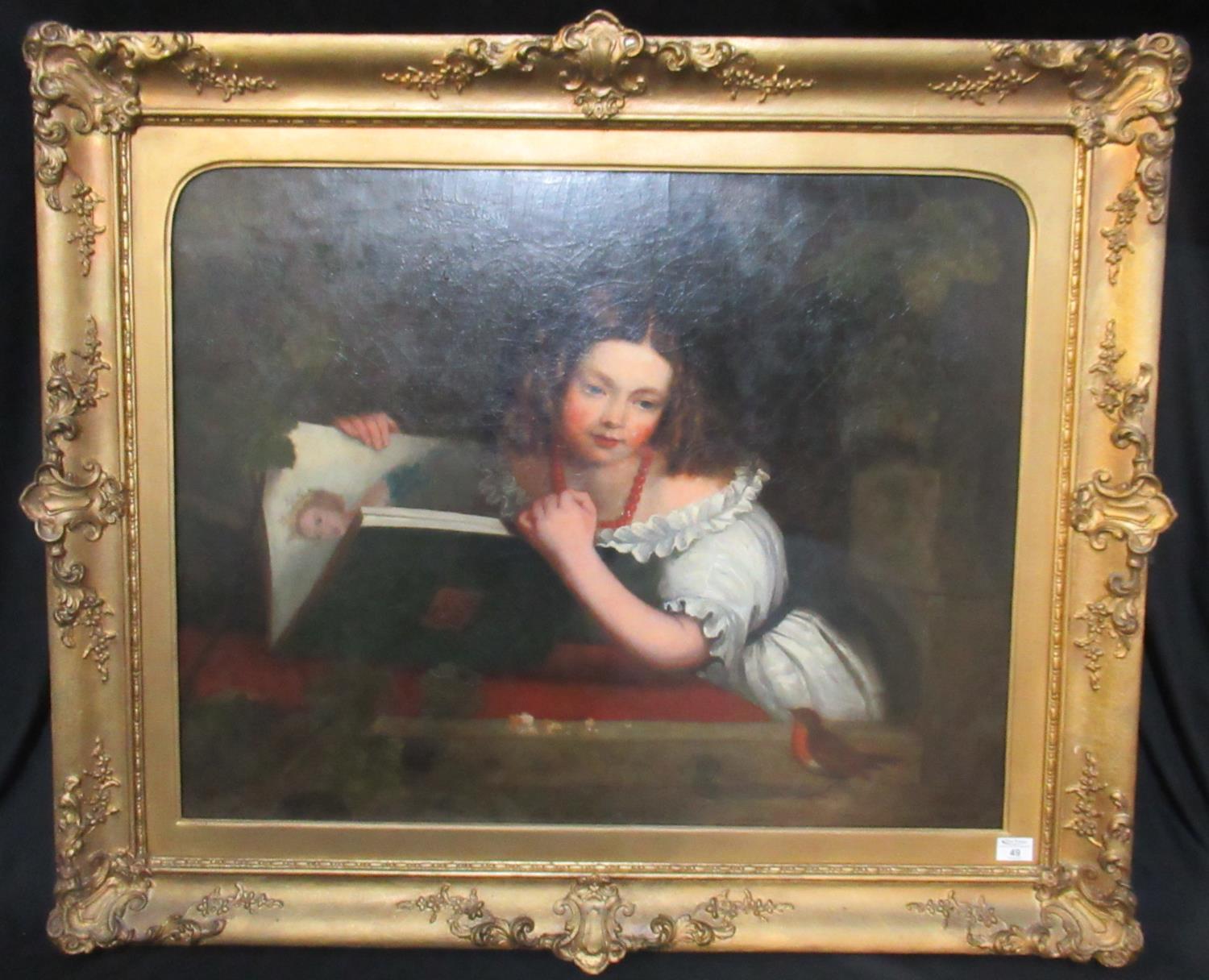 British school (19th Century), portrait of a young girl with album and robin, believed by the family