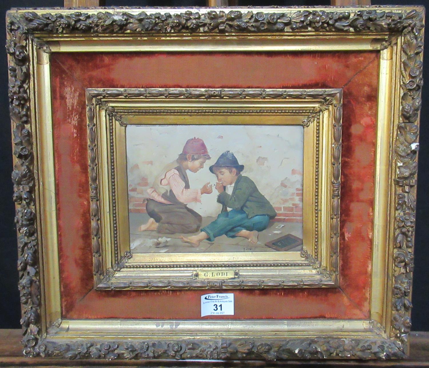 G Lodi (19th Century Italian), two urchins smoking a cigarette, signed, oils on panel, 15 x 21cm