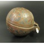 17th/18th Century probably Dutch engraved bronze ball shaped hinged hand warmer, overall with