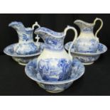 Three similar Welsh pottery blue and white transfer printed jug and basin sets to include;
