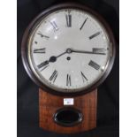 19th Century mahogany cased drop dial school type fusee movement wall clock, having painted Roman