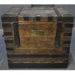 Large and impressive metal bound oak travelling trunk or sea chest with two iron carrying handles to