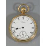 Waltham 18ct gold key less open faced gentleman's pocket watch, having white enamel Roman face