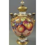 Royal Worcester 1970's porcelain two handled pedestal vase and cover of baluster form, painted and