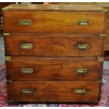 Mahogany two section secretaire campaign straight front chest of four drawers with brass mounts,