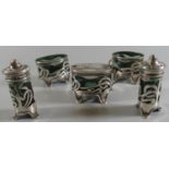 Set of five Art Nouveau silver and green glass organically decorated condiments by Levi & Salaman,
