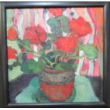 Wendy Murphy (20th Century Welsh), 'Geranium', signed with initials, oils on board. 50 x 50cm