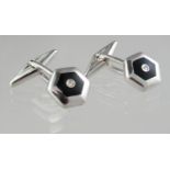 Pair of Art Deco style 18ct white gold black enamel and diamond cufflinks. Approx weight 7.9