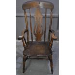 Late 19th/early 20th Century beech, elm and oak farmhouse elbow chair, having splat and spindle back