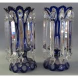 Pair of 19th Century blue flash cut drop lustre vases of waisted form on circular bases. (B.P. 21% +