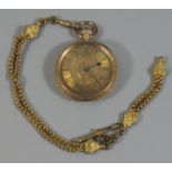 18ct gold outer cased fancy fob watch with engine turned Roman face and foliate engraved decoration,