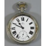 Omega Nickel key less Railwaymans pocket watch having white enamel face with Roman numerals and