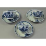 Three the 'Nanking Cargo' Chinese porcelain blue and white tea bowls and saucers, mid 18th