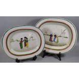 Llanelly pottery oval shaped platter, hand painted with a group of three little Dutch girls with