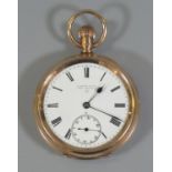 9ct gold open faced key less lever gentleman's pocket watch, the white Roman face having seconds
