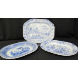 Three 19th Century blue and white transfer printed meat dishes to include; Llanelly pottery oriental