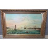 British marine school (19th/20th Century), broad estuary with sailing vessels, oils on canvas. 74