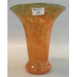 Scottish Vasart design glass vase of trumpet form with mottled orange and flared neck. 25.5cm high