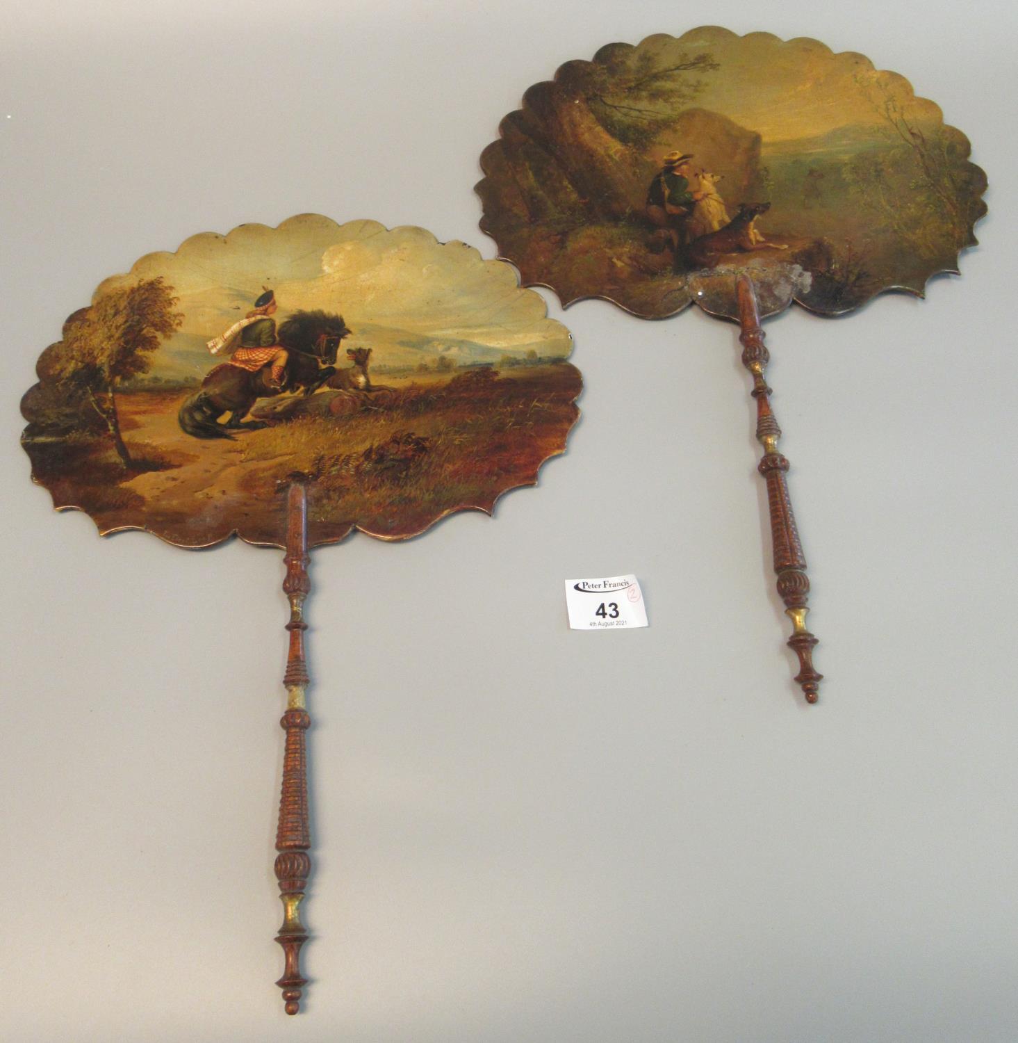 Pair of early 19th Century hand painted fans or face screens, one decorated with a Scotsman