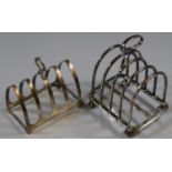 Silver four section toast rack, 1.8 troy ozs approx, together with a silver plated toast rack. (