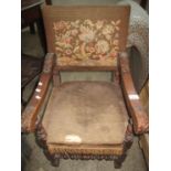 Early 20th Century oak upholstered child's elbow chair with barley twist supports and stretchers. (