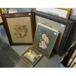 Group of assorted furnishing pictures; watercolours, tapestries, coloured print of a cricketing