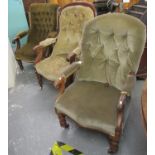 Three similar Victorian button back upholstered fireside armchairs, all standing on baluster