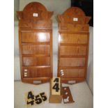 Pair of pitch pine hymn boards with star decoration and number cards in oak box, both with