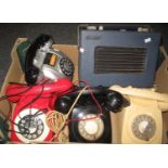 Box containing four vintage telephones and a vintage Hacker Herald radio. (5) (B.P. 21% + VAT)