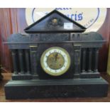 Late 19th/early 20th Century slate architectural design two train mantel clock with enamel and brass