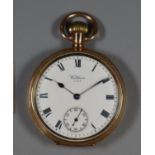 Waltham gold plated open faced lever gentleman's pocket watch with Roman numerals and seconds