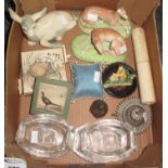 Small box containing a pair of china greyhounds, a fawn, four glass greyhound ashtrays, two matchbox