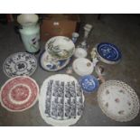 A box of assorted china to include: a selection of plates including Delft, Mason's, Willow pattern