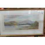 E Lewis (British), Scottish loch scene with figures and boats, signed, watercolours, 24 x 53cm