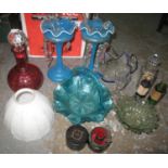 One box containing a cranberry glass decanter, two long stemmed, blue glass vases with crystal